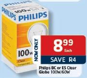 Philips BC Or-ES Clear Globe 100W/60W Each