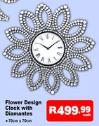 Flower Design Clock With Diamantes- 70cm x 70cm