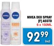 Nivea Deo Spray(F) Asstd-6x150ml