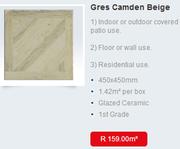 Gres Camden Beige Glazed Ceramic 1st Grade Tile 450x450mm-Per Box 1.42Sqm
