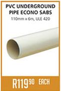 PVC Underground Pipe Econo SABS 110mmx6m, ULE 420