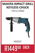 Makita Impact Drill Keyless Chuck 13mm,720W HP2051