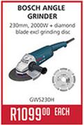 Bosch Angle Grinder 230mm,2000W+Diamond Blade Excl Grinding Disc GWS230H