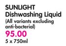 Sunlight Dishwashing Liquid(All Variants Excluding Anti-Bacterial)-5x750ml