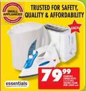 Essentials Corded Kettle 1.7L/2 Slice Toaster/Steam Iron 1600W-Each