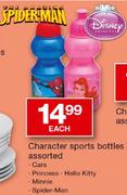 Character Sports Bottles Cars, Princess, Hello Kitty Minnie Or Spider-Man-Each