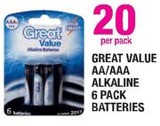 Great Value AA/AAA Alkaline 6 Pack Batteries-Per Pack