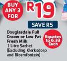 Douglasdale Full Cream Or Low Fat Fresh Milk-3 x 1Litre
