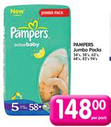 Pampers Jumbo Packs-54's, 58's, 62's, 68's, 82's, 94's Per Pack
