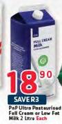 PnP Ultra Pasteurised Full Cream Or Low Fat Milk-2L