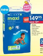 Clicks Active Stretch Disposable Nappies Jumbo Pack Midi-82's, Junior-78's Or Maxi-70's-Per Pack