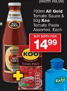 700ml All Gold Tomato Sauce & 50g Koo Tomato Paste Assorted-Each