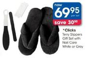 Clicks Terry Slippers Gift Set With Nail Care White Or Grey-Per Set