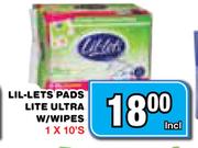 Lil-Lets Pads Lite Ultra W/Wipes-1x10's