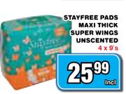 Stayfree Pads Maxi Thick Super Wings Unscented-4x9's