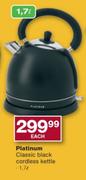 Platinum 1.7Ltr Classic Black Cordless Kettle