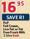 PnP Full Cream, Low Fat Or Fat Free Fresh Milk-2L
