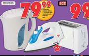 Essentials Corded Kettle 1.7L/ Steam Iron 1600W/ 2-Slice Toaster-Each