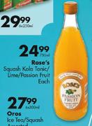 Rose's Squash Kola Tonic/Lime/Passion Fruit-750ml Each