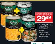Rhodes Creamstyle Sweetcorn/Mixed Vegetables/Curried Mixed Vegetables-4's