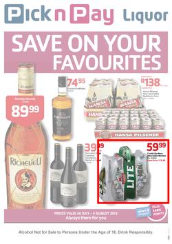 Pick N Pay Liquor : Save On Your Favourites (26 Jul - 4 Aug 2013), page 1