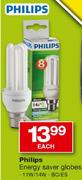 Philips Energy Saver Globes(11/14W,BC/ES)-Each