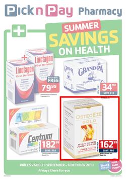 Pick N Pay Pharmacy : Summer Savings On Health (23 Sep - 6 Oct 2013), page 1