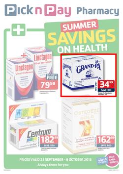 Pick N Pay Pharmacy : Summer Savings On Health (23 Sep - 6 Oct 2013), page 1
