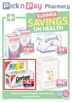 Pick N Pay Pharmacy : Summer Savings On Health (23 Sep - 6 Oct 2013), page 1