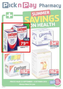 Pick N Pay Pharmacy : Summer Savings On Health (23 Sep - 6 Oct 2013), page 1