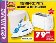 Essentials 1.7L Corded Kettle Or 2-Slice Toaster Or 1600W Steam Iron-Each