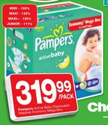 Pampers Active Baby Disposable Nappies Economy Mega Box Midi-150's/Maxi-132's/Maxi+-120's/Junior-111