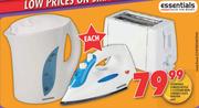 Essentials Corded Kettle 1.7L / Steam Iron 1600W / 2-Slice Toaster-Each