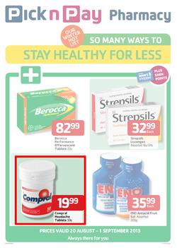 Pick N Pay Pharmacy : So Many Ways To Stay Healthy For Less (20 Aug - 1 Sep 2013), page 1