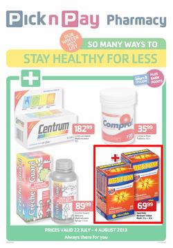 Pick N Pay Pharmacy : So Many Ways To Stay Healthy For Less (22 Jul - 4 Aug 2013), page 1