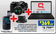 Compaq CQ58 Notebook + Nikon Coolpix L320 Digital Camera With Bag And SD Card + Blackberry Curve 932