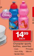 Character Sports Bottles Assorted Cars/Hello Kitty/Spider-Man/Princess/Minnie-Each