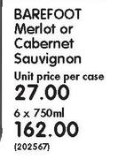 Barefoot merlot Or Cabernet Sauvignon-6x750ml