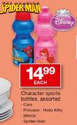 Character Sports Bottles Cars, Princess, Hello Kitty Minnie Or Spider-Man-Each