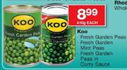 Koo Fresh Garden Peas/Fresh Garden, Mint Peas/Fresh Garden, Peas In Curry Sauce-410g Each