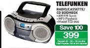 Telefunken Radio/Cassette/CD Boombox(TCD-966)