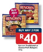 Renown Traditional Or Cheese Pork Bangers-2x500g