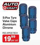 Auto Kraft 5-Pce Tyre Valve Caps Aluminium Chrome-Per Set 