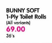 Bunny Soft 1(All variants)-Ply Toilet Rolls-36 Per Pack