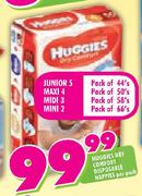Huggies Dry Comfort Disposable Nappies Junior 5-44's/Maxi 4-50's/Midi 3-58's/Mini 2-66's Per Pack