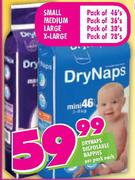 Drynaps Disposable Nappies Small-46's/Medium-36's/Large-30's/X-Large-28's Per Pack