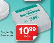 Single Ply Serviettes -100's
