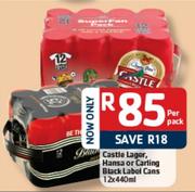  Castle Lager, Hansa Or Carling Black Label Cans-12 x 440ml Per Pack