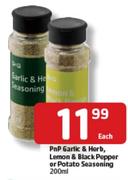 PnP Garlic & Herb, Lemon & Black Pepper Or Potato Seasoning- 200ml Each