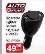 Auto Kraft Cigarette Lighter Socket 12/24V+ 2USB(FED.WFO98)-Each